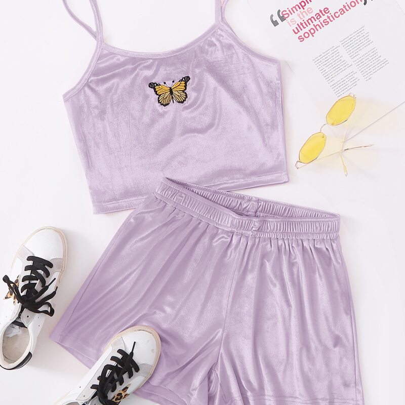 

Velvet Butterfly Embroidery Cami & Shorts, Lilac purple