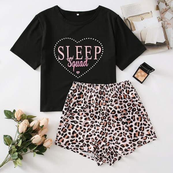 

Letter Graphic Tee And Leopard Print Shorts PJ Set, Multicolor