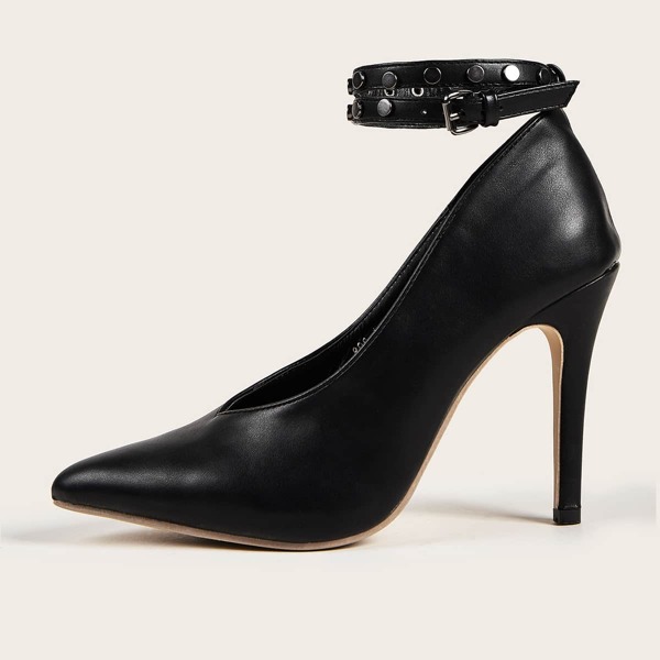 

Point Toe Studded Decor Ankle Strap Stiletto Heels, Black