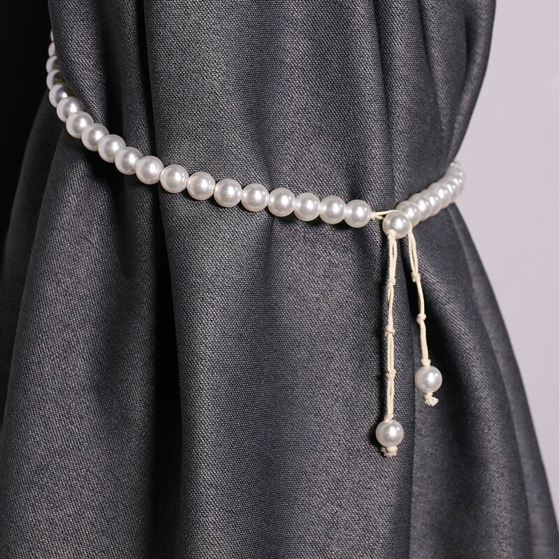 

1pc Faux Pearl Curtain Strap, Beige