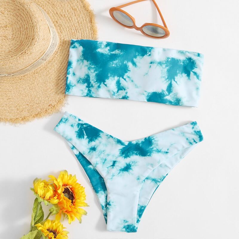 

Tie Dye Lace-up Back Bandeau Bikini Swimsuit, Green