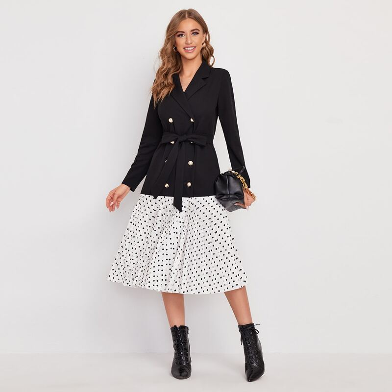 

Notched Collar Double Breasted Self Belted Polka Dot Hem Blazer, Black and white