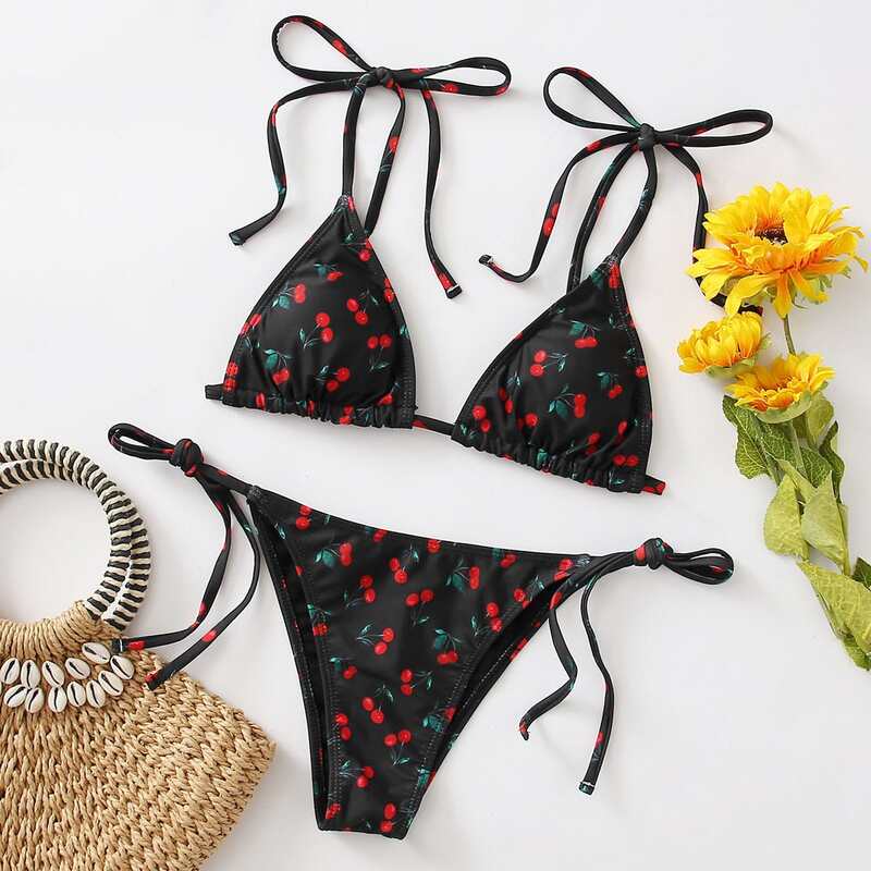 

Cherry Print Triangle Tie Side Bikini Swimsuit, Black