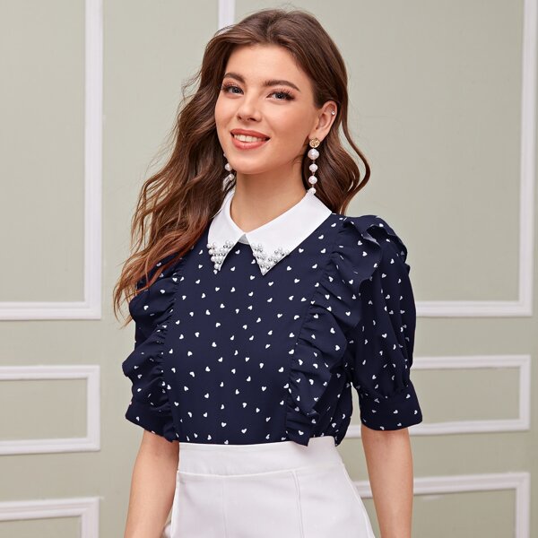 

Contrast Pearl Beaded Collar Ruffle Trim Heart Top, Navy blue