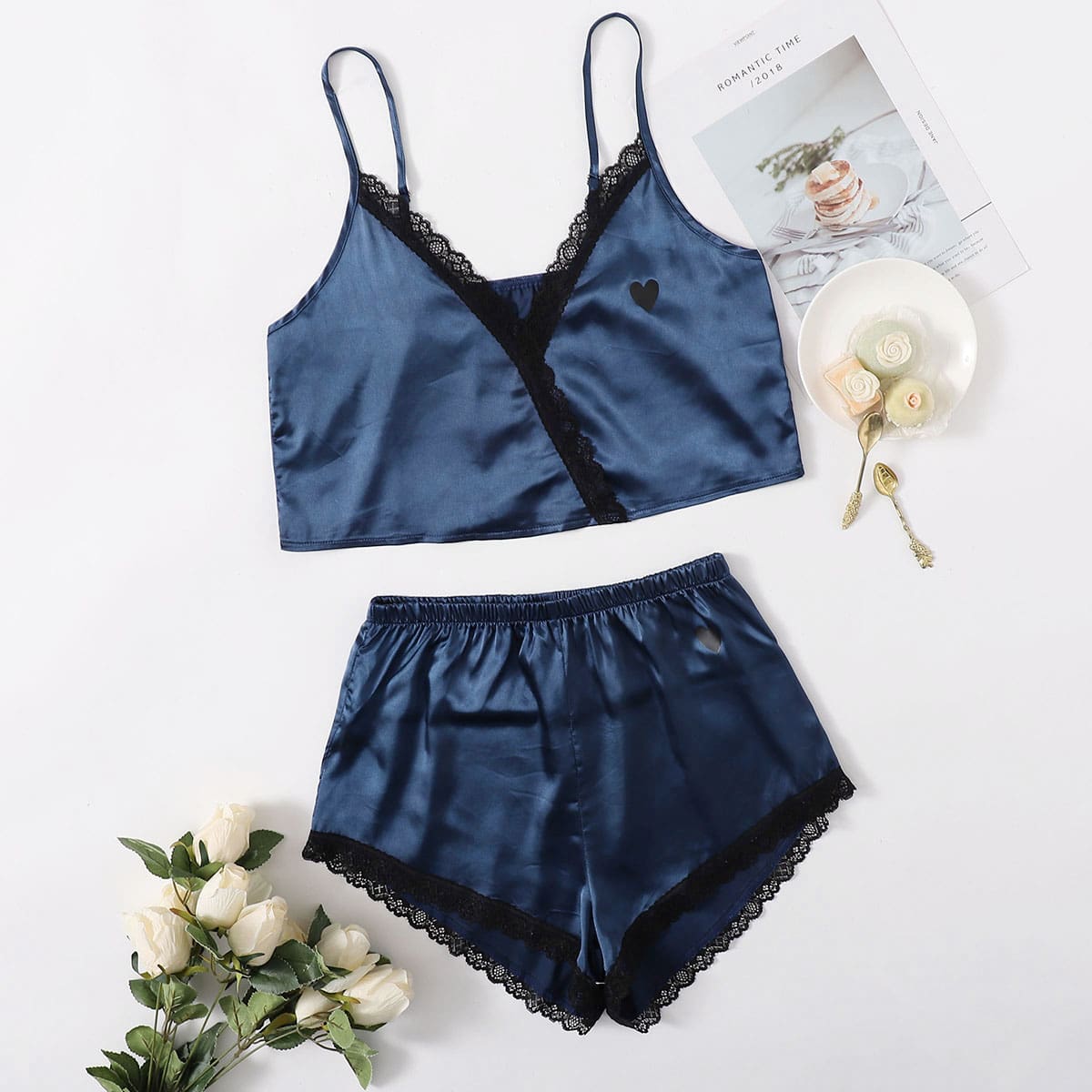 

Lace Trim Satin PJ Set, Navy blue