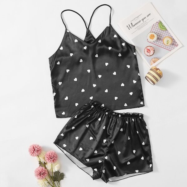 

Heart Print Satin PJ Set, Black