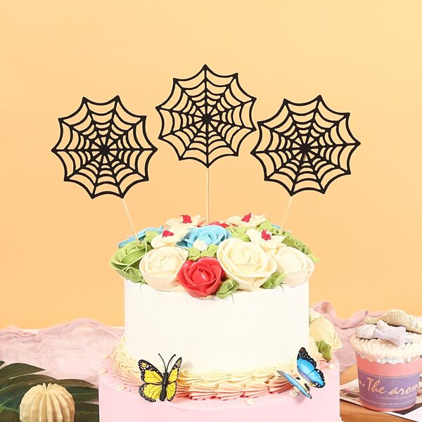 

3pcs Halloween Spider Web Cake Topper, Black