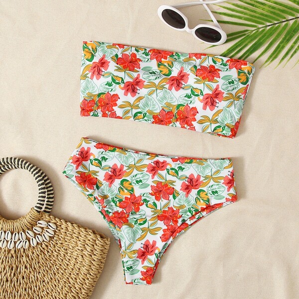 

Tropical & Floral Bandeau Bikini Swimsuit, Multicolor