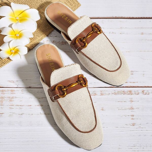

Metal Decor Flat Mules, Beige