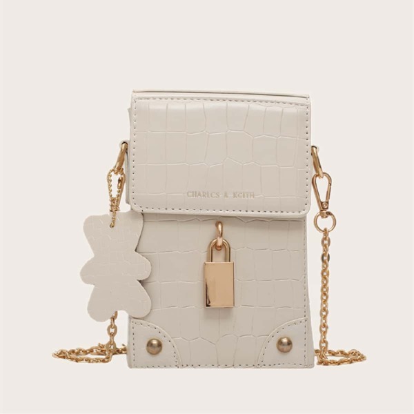 

Croc Embossed Box Bag With Bag Charm, Beige