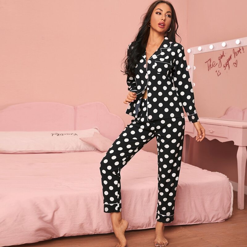 

Polka Dot Contrast Binding PJ Set, Black and white