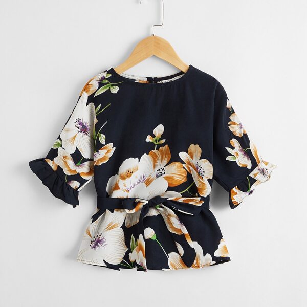 

Girls Floral Print Belted Top, Navy blue