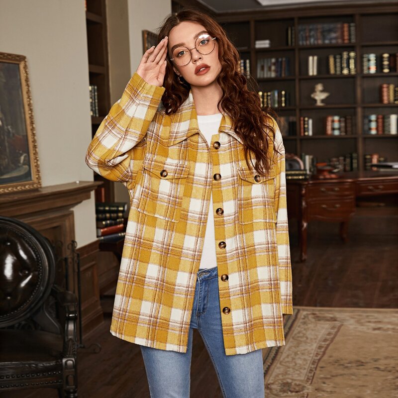 

Collared Single Breasted Pocket Front Plaid Coat, Yellow