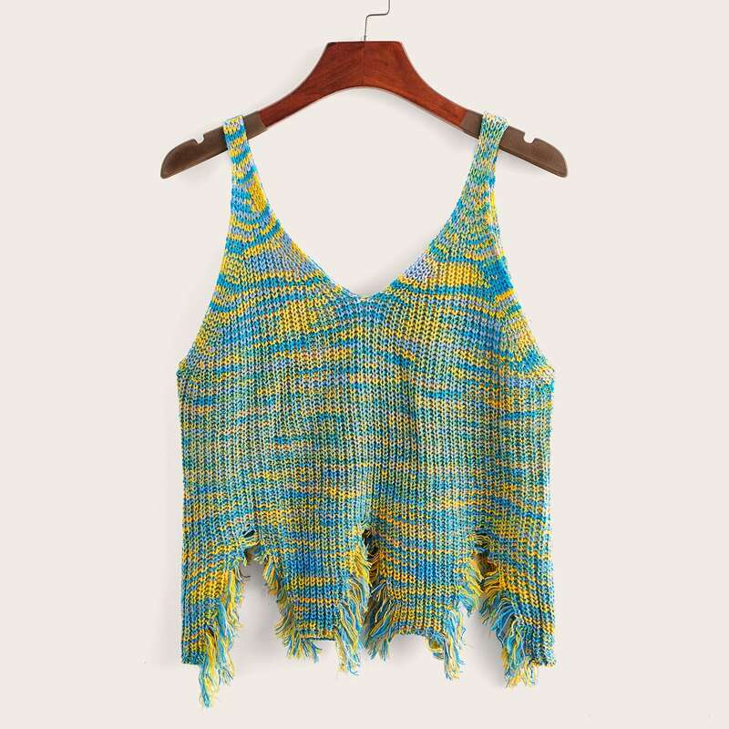 

Ripped Hem Space Dye Knit Top, Multicolor