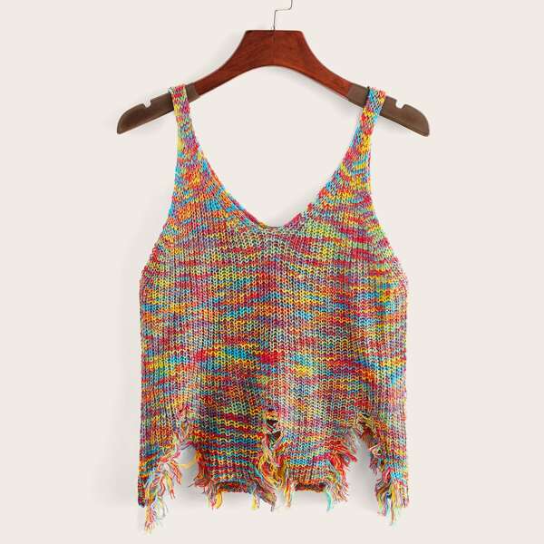 

Ripped Hem Space Dye Knit Top, Multicolor