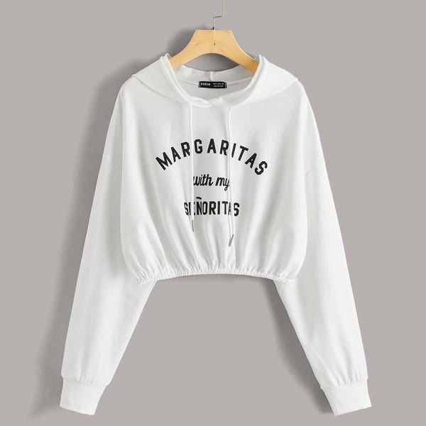 

Drop Shoulder Slogan Graphic Drawstring Hoodie, White
