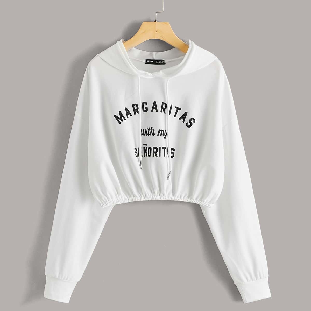 

Drop Shoulder Slogan Graphic Drawstring Hoodie, White