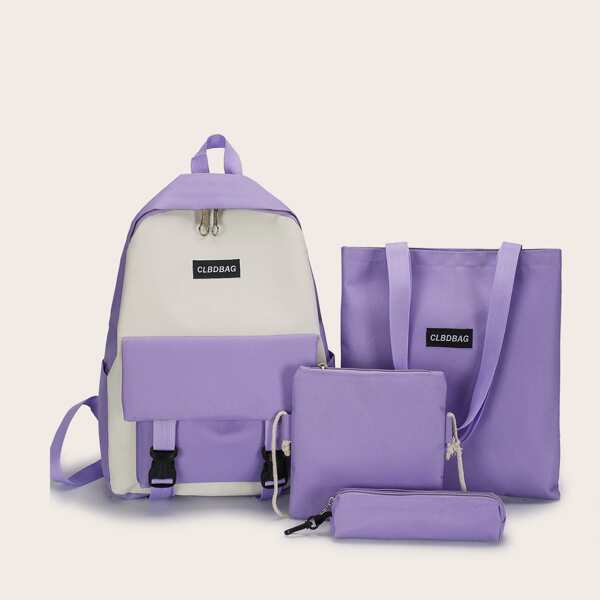 

4pcs Release Buckle Decor Backpack Set, Purple