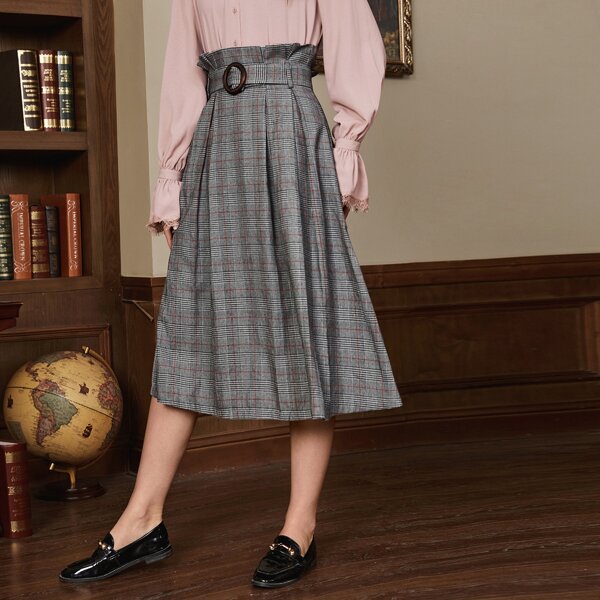 

Paperbag Waist Boxy Pleated Plaid Skirt, Multicolor