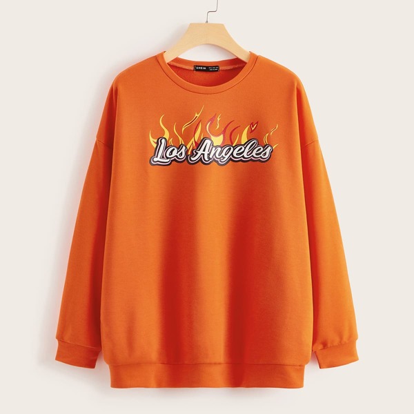 

Neon Orange Letter & Fire Print Pullover, Orange neon