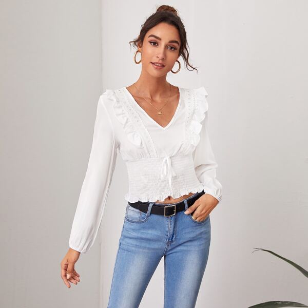 

Shirred Hem Ruffle Trim Top, White