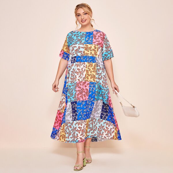 

Plus Patchwork Plants Print Smock Dress, Multicolor