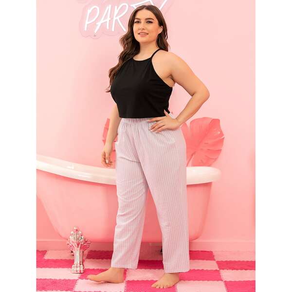 

Plus Solid Cami Top And Striped Pants PJ Set, Multicolor