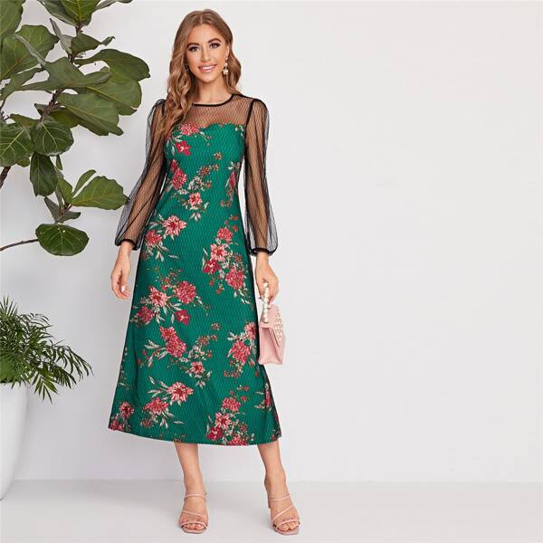 

Floral Print Mesh Overlay Dress, Green