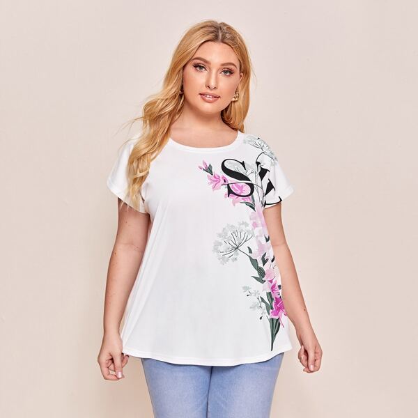 

Plus Floral & Letter Graphic Batwing Sleeve Tee, White
