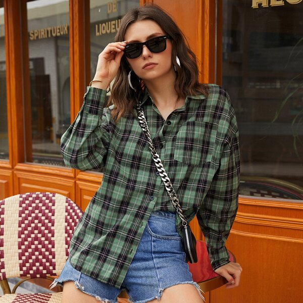 

Tartan Print Button Through Blouse, Green