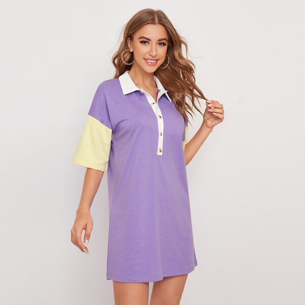 

Color Block Button Front Drop Shoulder Tee Dress, Lilac purple
