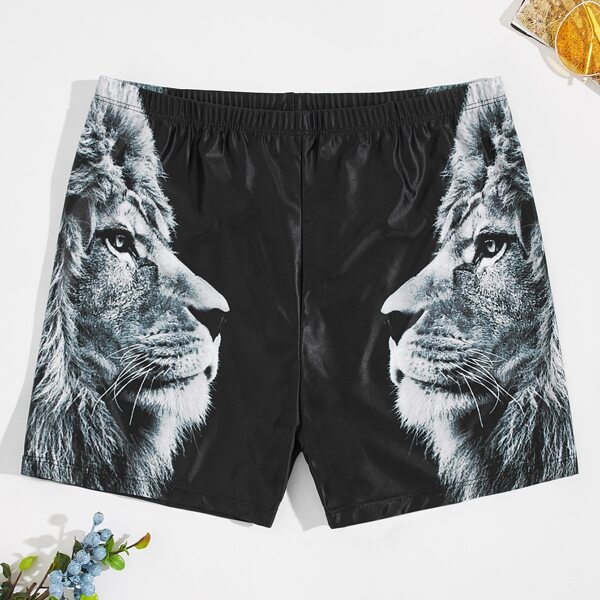 

Men Lion Print Swim Trunks, Black