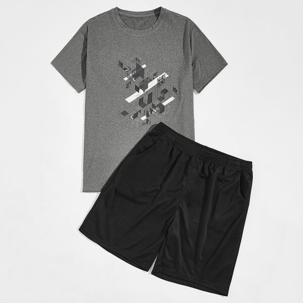 

Men Geo Print Sports Tee & Shorts, Grey