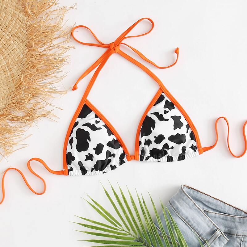 

Cow Print Triangle Bikini Top, Black and white