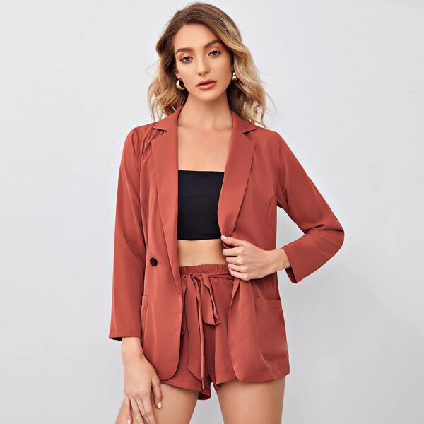 

Solid Lapel Collar Blazer & Belted Shorts, Rusty rose