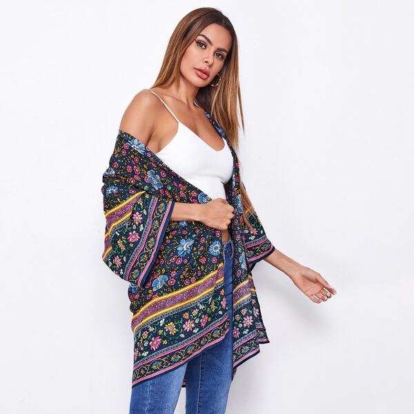 

Open Front Floral Print Kimono, Multicolor