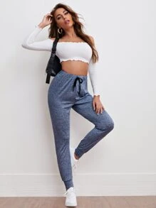 SHEIN Essnce Quần Thắt nút màu trơn Màu xanh lam Thể thao - Màu xanh lam - Xem 5