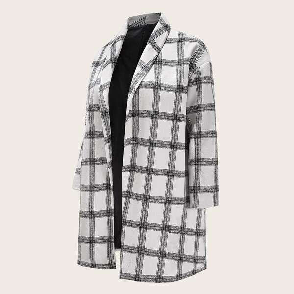 

Plus Plaid Shawl Collar Overcoat, Black and white