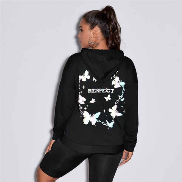 

Plus Butterfly And Letter Print Kangaroo Pocket Drawstring Hoodie, Black