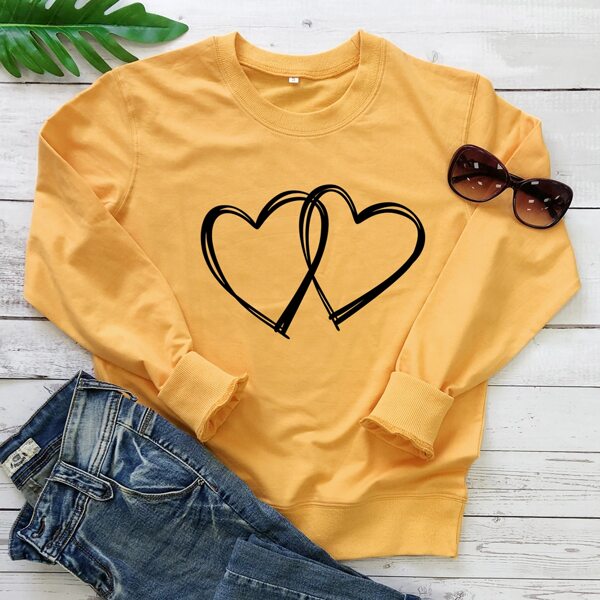 

Heart Print Round Neck Sweatshirt, Mustard yellow