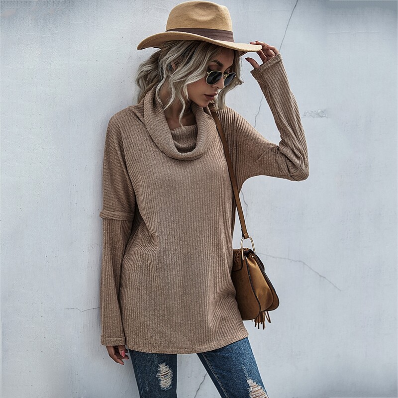 

Solid Rib-Knit Split Hem Sweater, Apricot