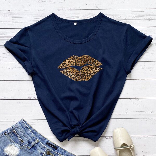

Leopard & Lip Print Tee, Navy blue