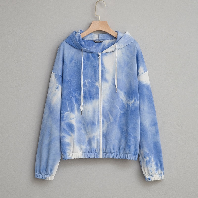 

Tie Dye Drawstring Hooded Jacket, Blue and white