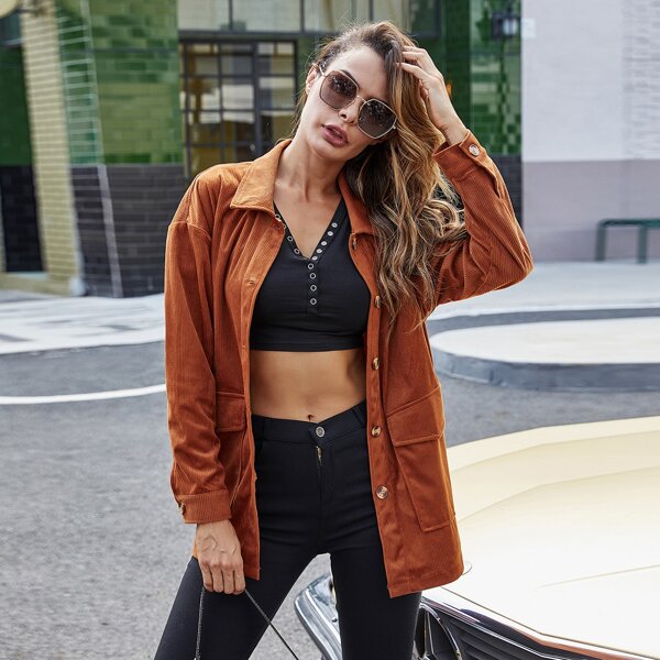 

Flap Pocket Corduroy Coat, Brown