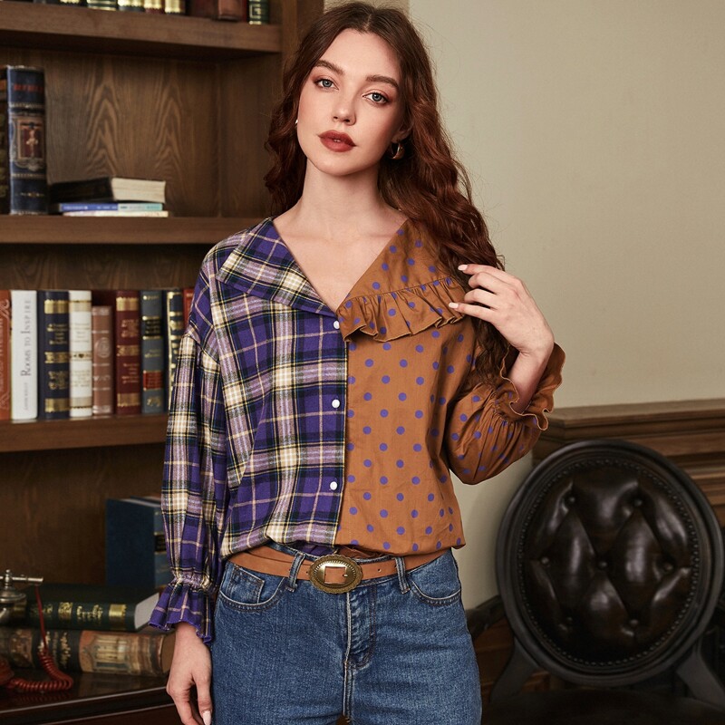 

Ruffle Trim Buttoned Front Spliced Polka Dot and Tartan Blouse, Multicolor