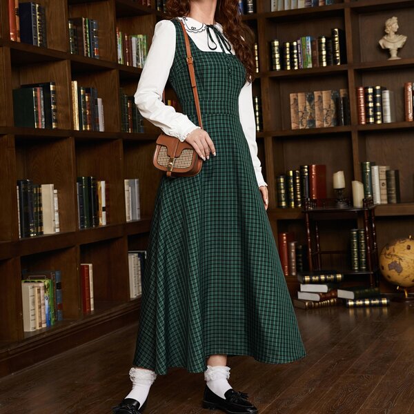 

Tie Neck Frill Trim 2 in 1 Plaid Dress, Dark green