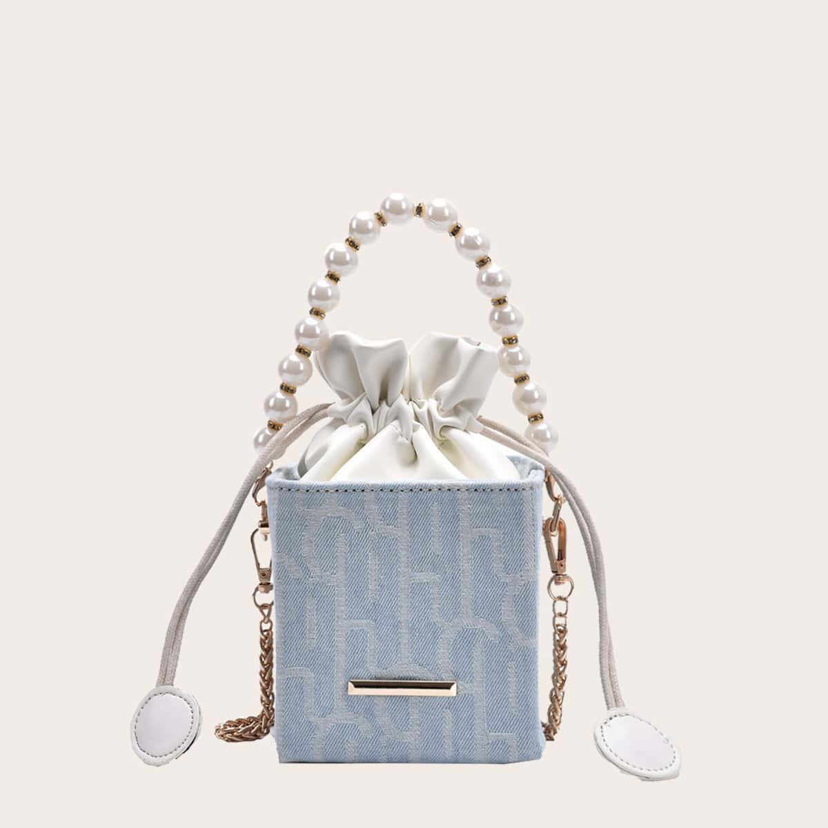 

Faux Pearl Handle Drawstring Bucket Bag, Baby blue