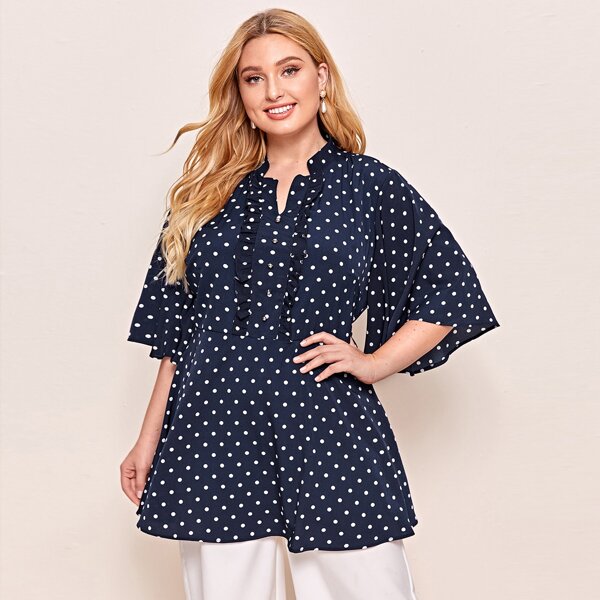 

Plus Polka Dot Frill Trim Butterfly Sleeve Blouse, Navy blue