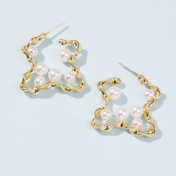 

Faux Pearl Decor Geometric Hoop Earrings, Gold