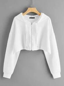 Drop Shoulder Drawstring Zip Up Hoodie - White - View 1